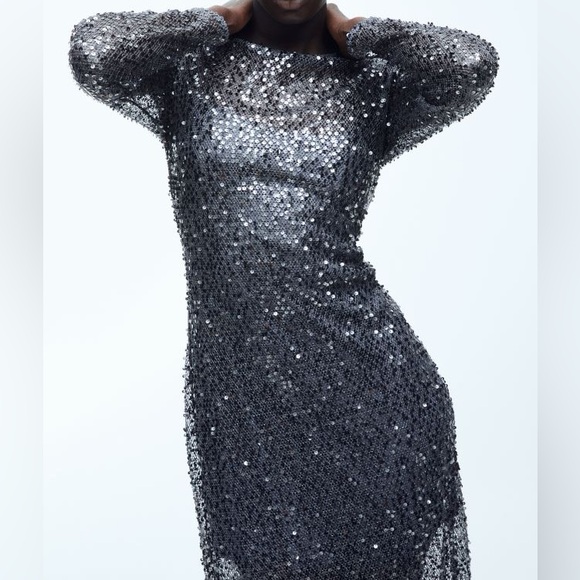 H&M sequin net dress dark gray midi size Small - Picture 5 of 6